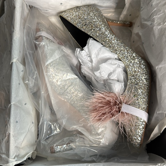 Kate Spade Silver Glitter Heels with Pink Feather Women's Marabou Dress Heels - Picture 2 of 10